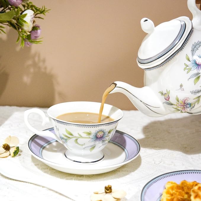 Bone China Tea Set, 21-Pieces Porcelain Tea Set - Image 2