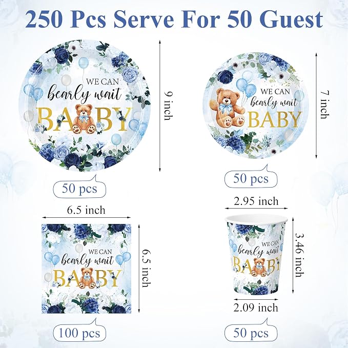 Funnymoom 250 Pcs We Can Bearly Wait Baby Shower Party Decorations Blue Paper - Image 3