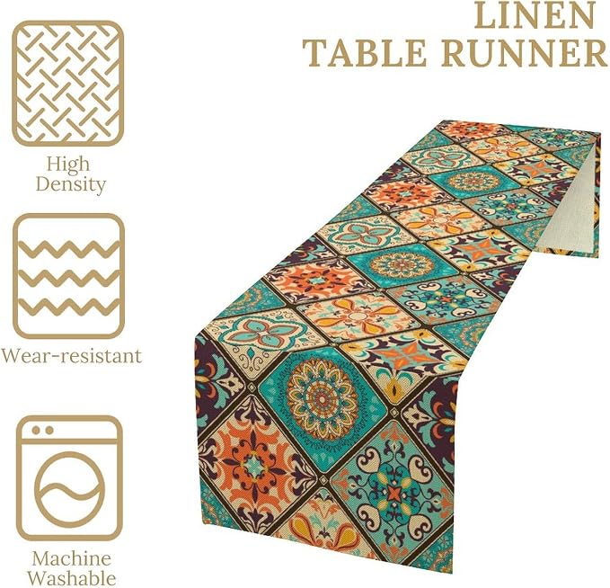 Bohemian Patchwork Table Runnerboho Colorful Tile Patchwork Indian Floral Print - Image 4