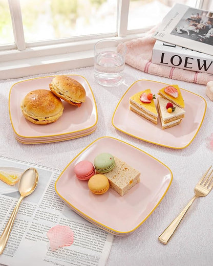 bUCLA 100PCS Pink Plastic Plates - Heavy Duty Square Pink and Gold Disposable - Include 50 Dinner 10 inch & 50 Dessert 7.25 inch Plates for Party & Valentines Day