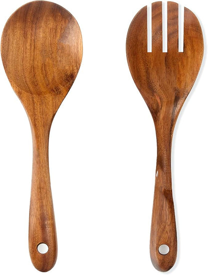 Teak Wood Salad Serving Spoon and Spork 13-Inch, Large Wooden Salad Server Set by SeoTin
