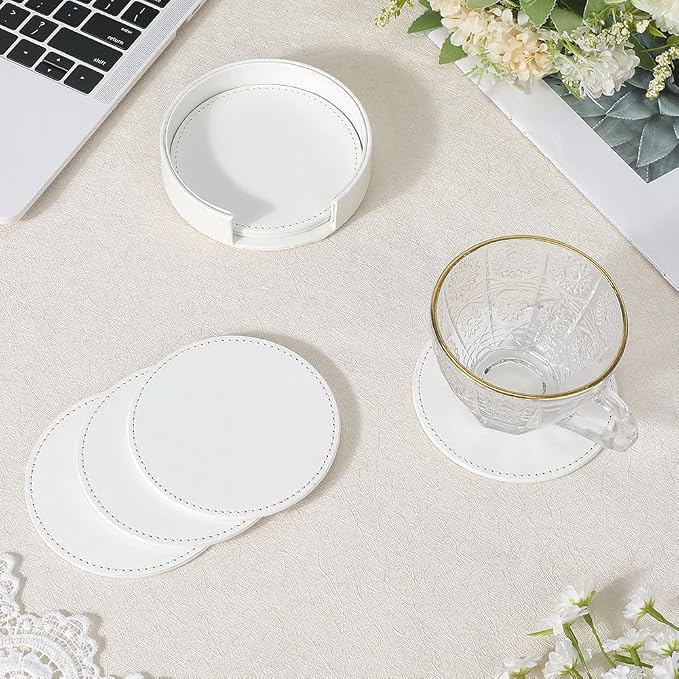 6PCS White PU Leather Cup Holders 4 Inch Leather Round Drink Coasters Spill - Image 3