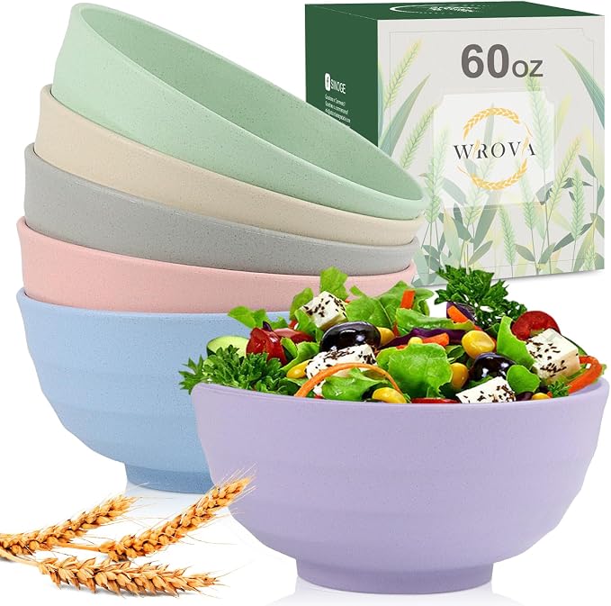 Wheat Straw Bowls Set 60 OZ Unbreakable Large Cereal Bowls Set of 6 Microwave by WROVA