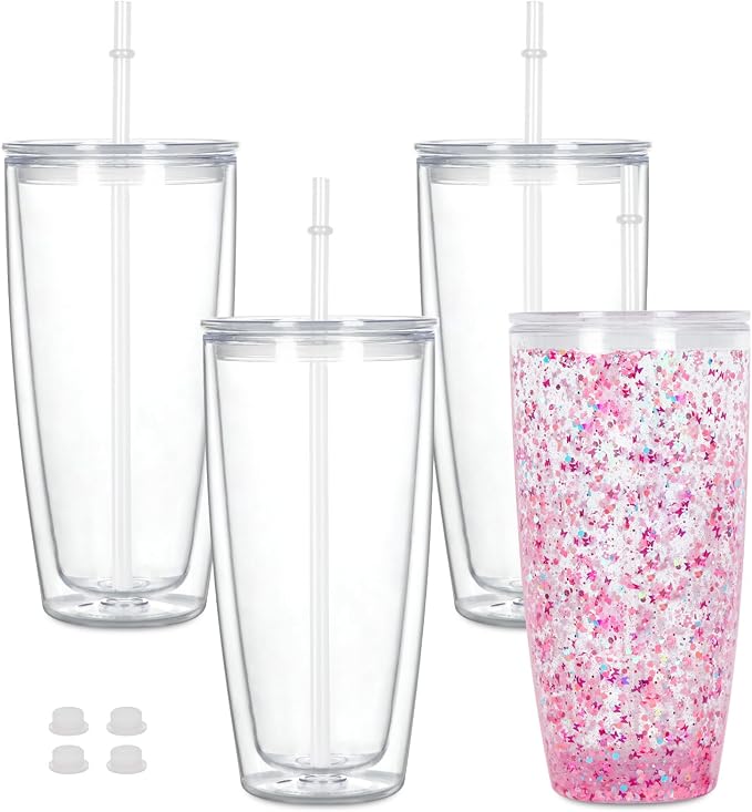 24 Oz Acrylic Snowglobe Tumbler, 4 Pack Pre-Drilled Double Wall Plastic by Maucircol
