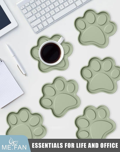 ME.FAN Silicone Coasters 6 Pack Paw Cup Mat with Holder, Dog Cat Paw Shape, for Hot or Cold Drink, Non-Slip, Non-Stick, Room Decor, Housewarming Desert Sage