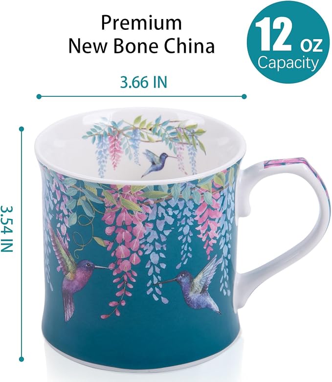 Spring Hummingbird Floral Coffee Mug, 12oz Dark Teal Ceramic Mug - Image 3