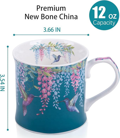 Spring Hummingbird Floral Coffee Mug, 12oz Dark Teal Ceramic Mug - Image 3