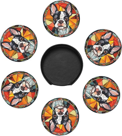 Drink Coaster Set of 6, Boston Terrier Dog Mom Lover Gift,Leather Drink Coasters with Holder,6 Pack Cup/Bar/Drink Coasters for Table/Drinks/Coffee Protection Housewarming Gift