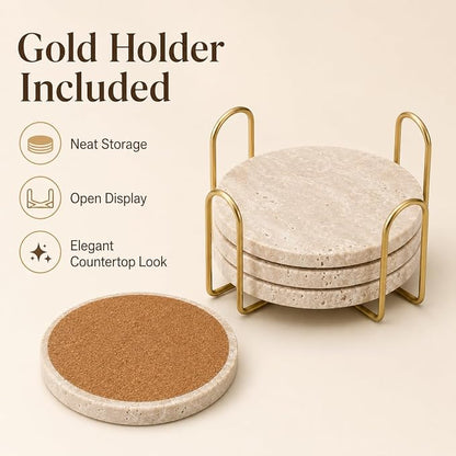 Travertine Coasters with Gold Holder, Cork Backing | Real travertine coasters - Image 5