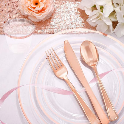 WELLIFE 350Pcs Rose Gold Plastic Plates for 50 Guests - Clear Plates for Party，Disposable Dinnerware Set Includes 100 Rose Gold plates,150 Silverware,50 Napkins,50 Cups for Party and Wedding