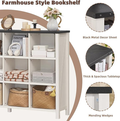 12 Cube Storage Organizer, Farmhouse 62 Inch Warm White Display Bookshelf, Wooden 3 Tier Large Open Book Shelf, Modern Bookcase for Home Office, Rustic Cubby Cabinet for Living Room, Bedroom