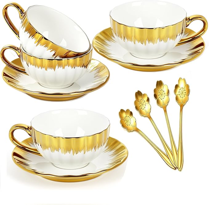 Cappuccino Cups with Saucers and Sakura Spoons, 8 oz Ceramic Espresso Cup Set by Hebaogugu