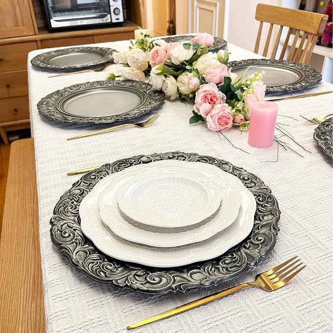 Antique Silver Charger Plates Embossed Rim, 13 Inch Dinner Plate Chargers Round - Image 4