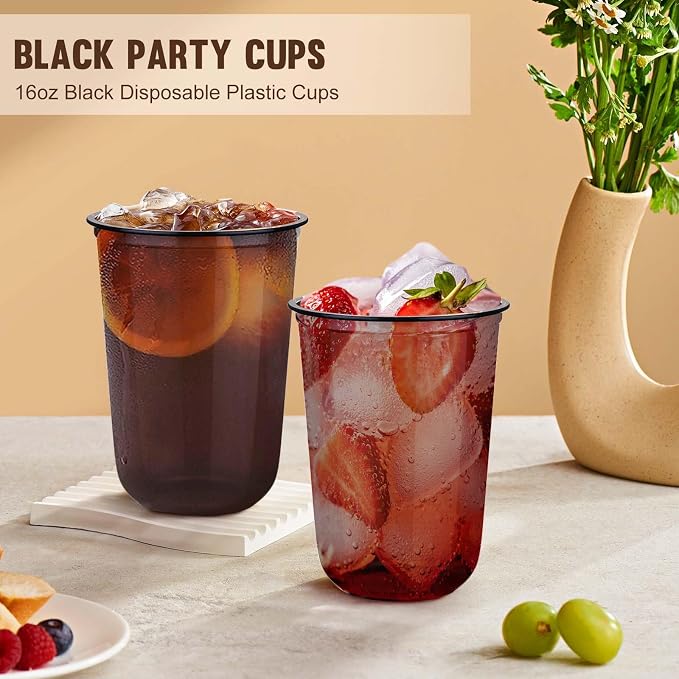KesaPlan 100 Pcs 16oz Plastic Black Cups, Disposable Wine Cocktail Glasses | - Image 2
