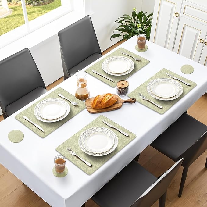 MOSAYT Faux Leather Placemats Set of 6, Heat Resistant Vinyl Place Mats with Coasters, Wipeable Washable Waterproof Oil Proof Table Mats for Kitchen Dining Indoor Outdoor, 12" x 17", Sage Green