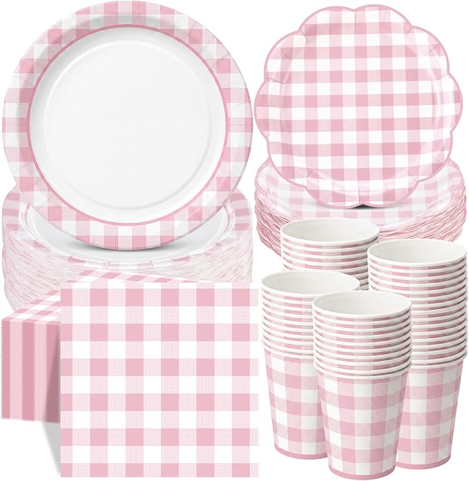 Funnymoom 250 Pcs Pink Gingham Paper Plates and Napkins Party Supplies Pink by Funnymoom
