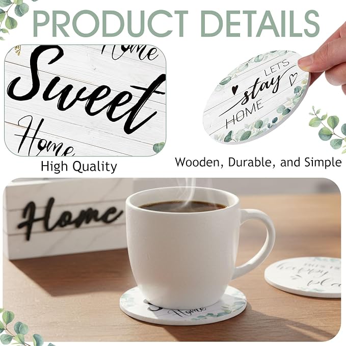 Queekay Coasters Set of 6 House Warming Gifts New Home Wooden Farmhouse Drink - Image 3