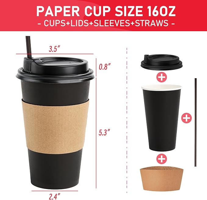 Coffee Cups with Lids 16 oz 100 Pack, Sleeves and Stirring Sticks, To Go Cups - Image 4
