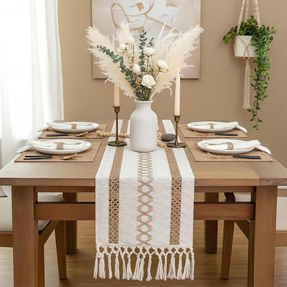 Fall Table Runner for Coffe Table Home Boho Decor 12x90 Inch Beige | 90 Inches - Image 3