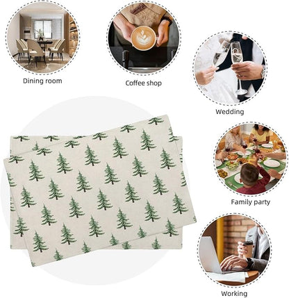 Christmas Trees Placemats Set of 4 Sage Green Christmas Decor Place Mats 12x18 Inch Xmas Winter Holiday Farmhouse Decorative Linen Table Mats for Home Kitchen Dining Party Table Decoration