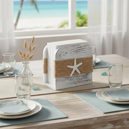 Natural Wooden Napkin Holder, Farmhouse Napkin Holders Upright Wooden Tissue Dispenser for Kitchen Dining Room Table Decor Indoor & Outdoor Use (Beach Style,White)