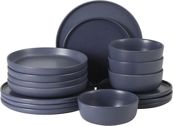 Gibson Elite Bayou Moon Plates and Bowls Sets, 16-Piece Blue Matte Stoneware by GibsonHomewares