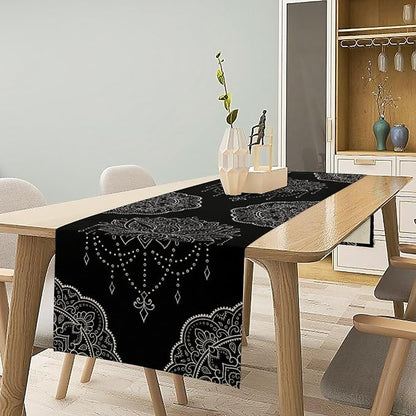 Lotus Flower Table Runner, Bohemian Ethnic Oriental Mandala Black White Floral - Image 2