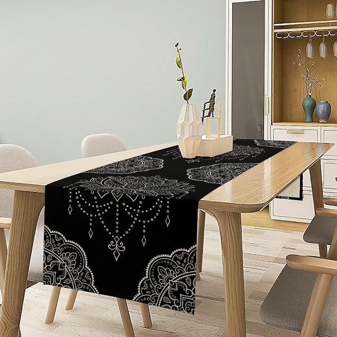 Lotus Flower Table Runner, Bohemian Ethnic Oriental Mandala Black White Floral - Image 2