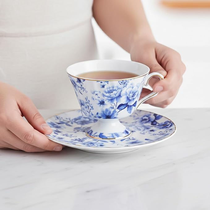 fanquare 5oz Retro Blue and White Roses Tea Cup and Saucer | Vintage Floral - Image 2