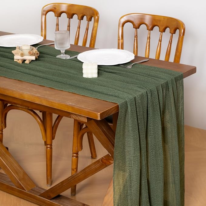 Cheesecloth Table Runner Summer Boho Wedding Shower Party Home Decor | Olive - Image 2