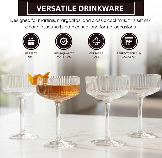 Khen Vintage Art Deco Shatterproof Coupe Martini Cocktail Glasses, 8 oz Clear - Image 4