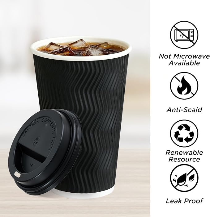 16 oz Coffee Cups with Lids, 50 Pack Black Insulated To Go Disposable Coffee - Image 5