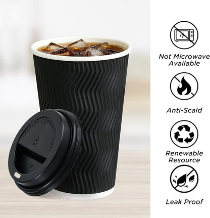 16 oz Coffee Cups with Lids, 50 Pack Black Insulated To Go Disposable Coffee - Image 5