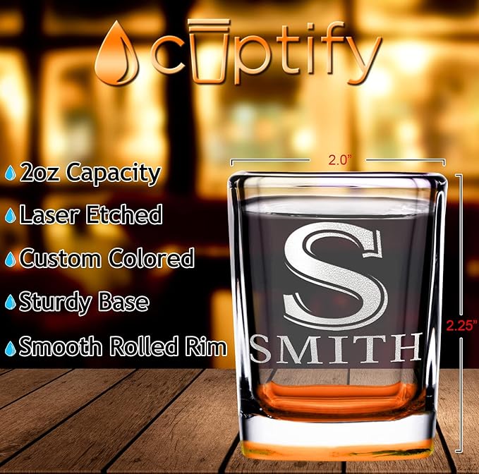 Personalized Square Shot Glasses Set of 25 Orange Bottom 2oz Engraved Initial and Name Custom Gifts, Weddings, Birthdays, Party, Event, Decorations