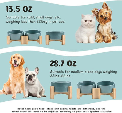 SPUNKYJUNKY 15° Slanted Ceramic Dog and Cat Bowl with Wooden Stand, Tilted Bulldog Food and Water Bowl No Slip Non-Spill for Cats Medium Dogs Big Face Pets 28.7 OZ (3.6 Cups, Light Green)
