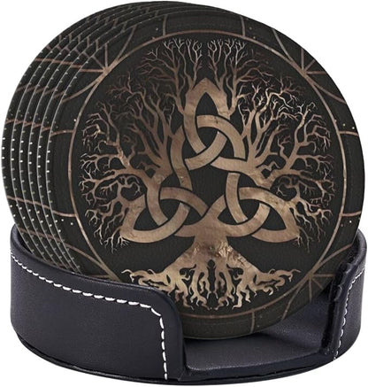 Drink Coasters with Holder Stand Set of 6, Tree of Life Copper Pu Leather - Image 2