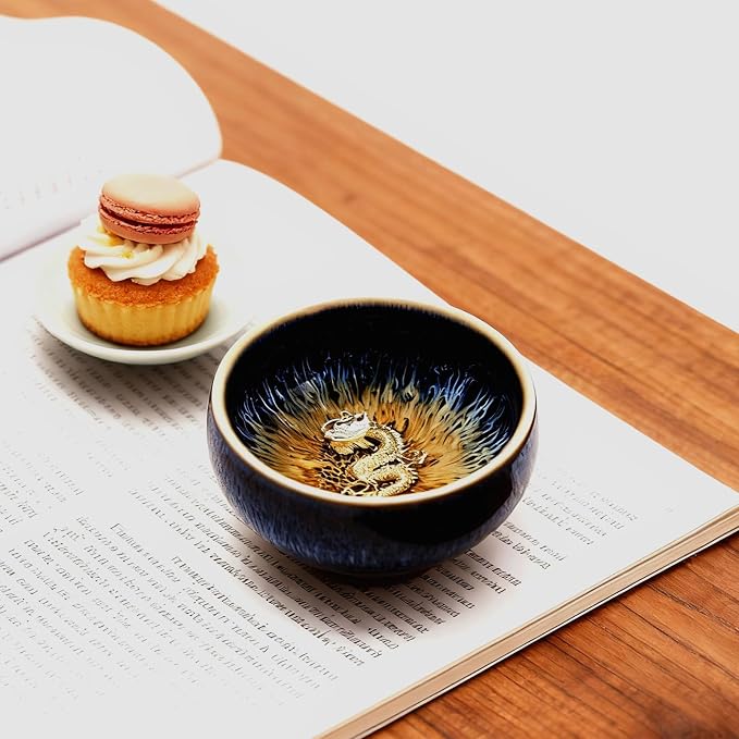 Tenmoku Ceramic Tea Cup with Dragon, 3 oz Chinese Small Teacup | Handmade - Image 2