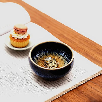 Tenmoku Ceramic Tea Cup with Dragon, 3 oz Chinese Small Teacup | Handmade - Image 2