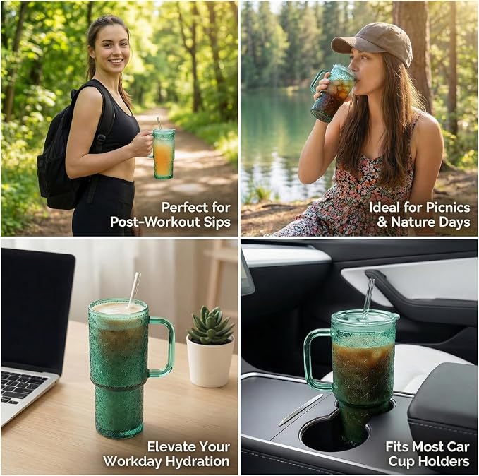 20 oz Green Glass Tumbler with Lid and Straw, Glass Iced Coffee Cups, - Image 6