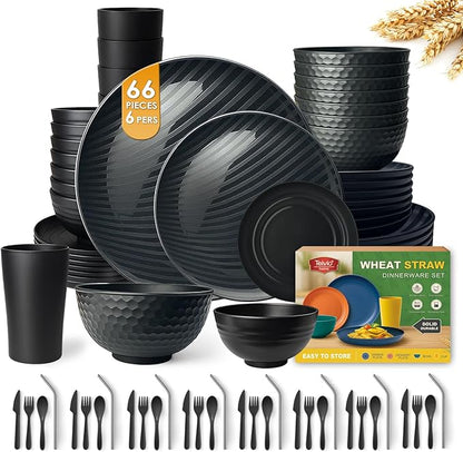 Teivio 66-Piece Kitchen Plastic Wheat Straw Dinnerware Sets for 6, Dinner Plates, Plates and Bowls Sets,Cups, Flatware, Dishwasher Safe, Unbreakable Apartment Outdoor Camping Dishes, Black