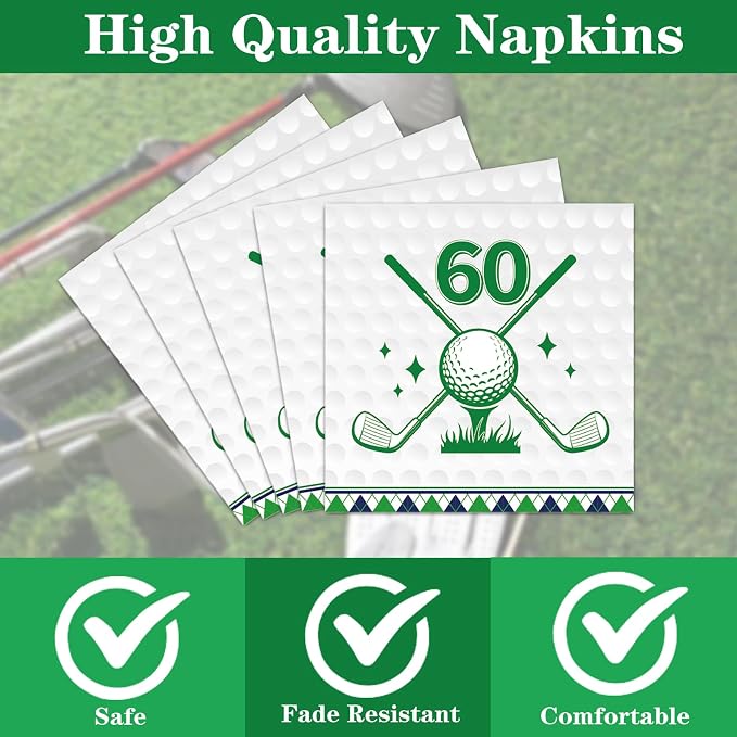 Rakuto Golf 60th Birthday Party Decorations 96PCS Plates Napkins Forks | Golf - Image 3