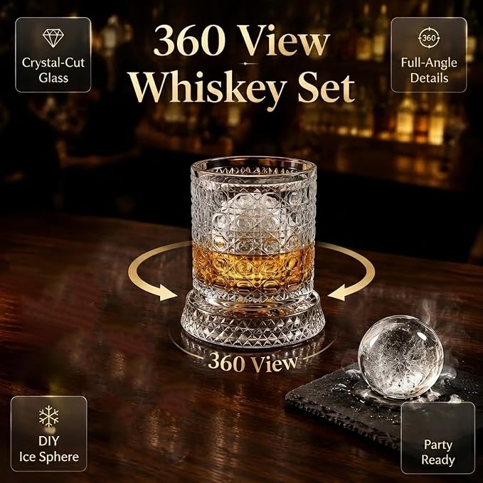 Spinning Whiskey Glass with Large Ice Ball Mold, 360° Rotating Crystal Rocks - Image 3