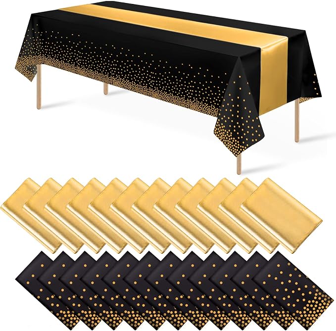 24Pack Disposable Plastic Tablecloths and Satin Table Runner Set Black Gold Dot by MASHAN