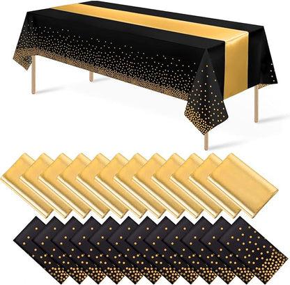 24Pack Disposable Plastic Tablecloths and Satin Table Runner Set Black Gold Dot by MASHAN