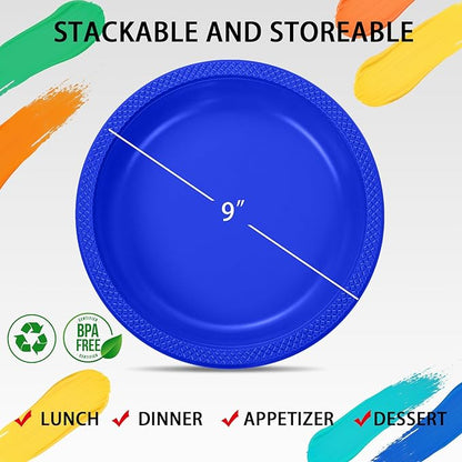 WELLIFE Royal Blue Party Plates 9 Inch -150 Count, Disposable Plastic Dark Blue Dinner Plates for Party Dessert Cake Appetizer