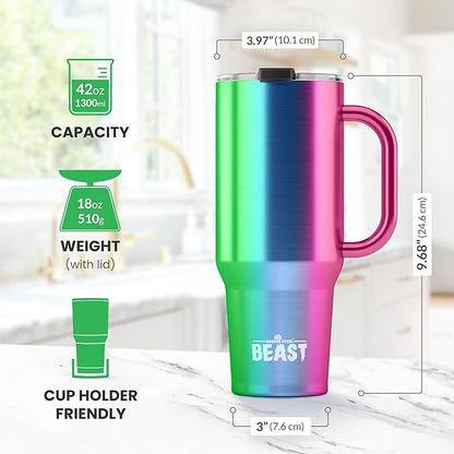 Beast 42 oz Tumbler with Handle Stainless Steel Vacuum Insulated Coffee Ice Cup Double Wall Travel Flask (Rainbow)