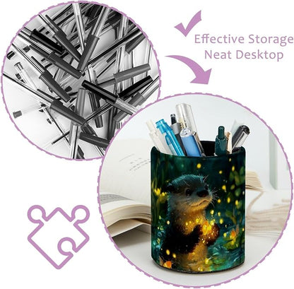 Cute Otter Leather Pen Holder for Desk, Desktop Caddy Stationery Organizer for - Image 4