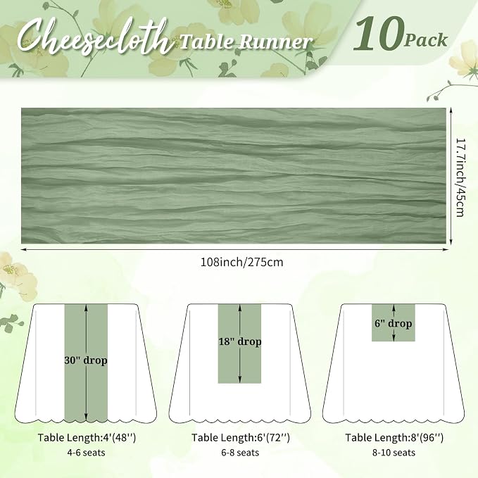 Pesonlook Cheesecloth Table Runner Sage Green, 10 Pack 17.7x108 inch, Long | - Image 2