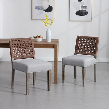 Farmhouse Dining Chairs Set of 4 Linen Fabric Upholstered Accent Side Chair, Mid Century Modern Kitchen & Dining Room Chairs with Woven Rope Back for Home, Living Room, Bedroom - Grey