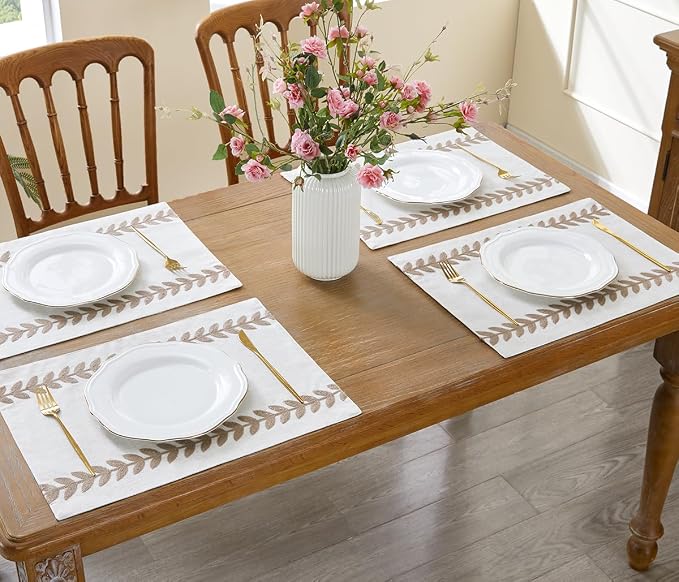 Wracra Embroidered Place Mats, Taupe Rustic Placemats Set of 6 | Macrame - Image 4